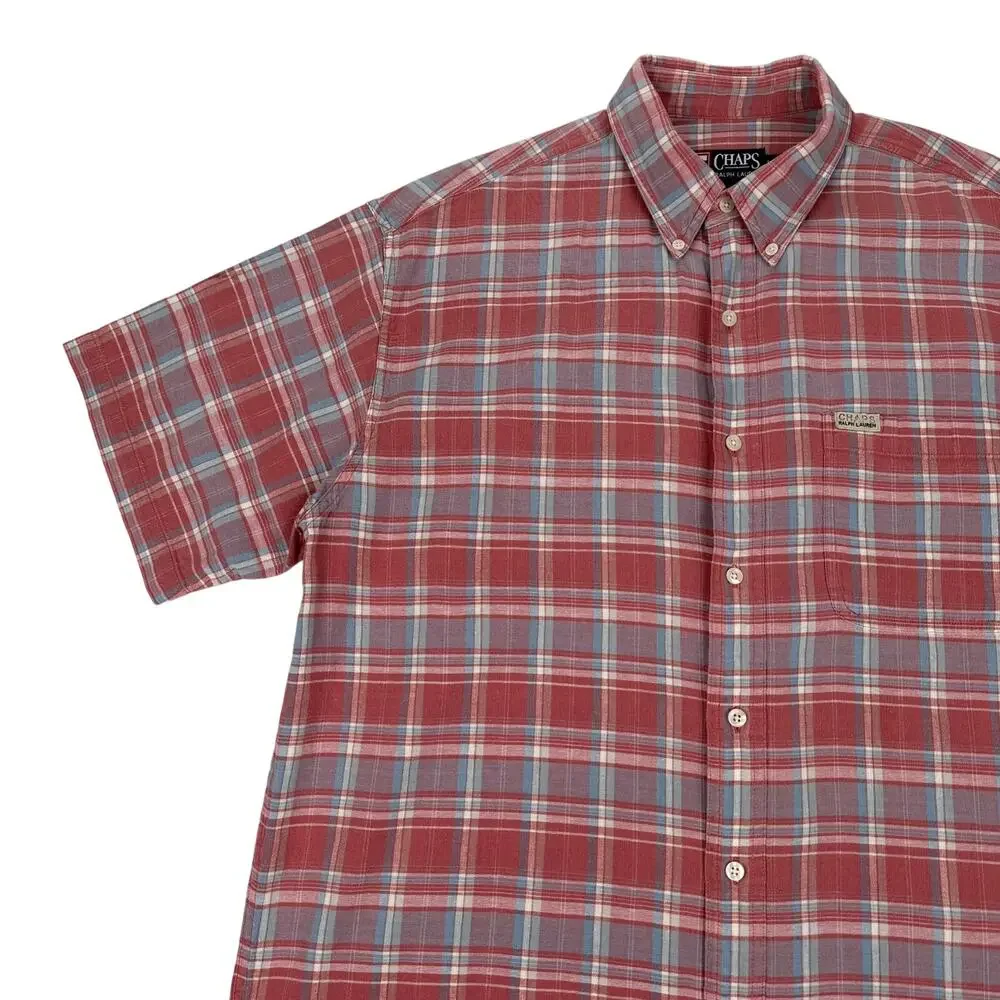 Chaps Ralph Lauren Plaid Button-Up Shirt Hemp Cotton Coral 90s Y2K Large